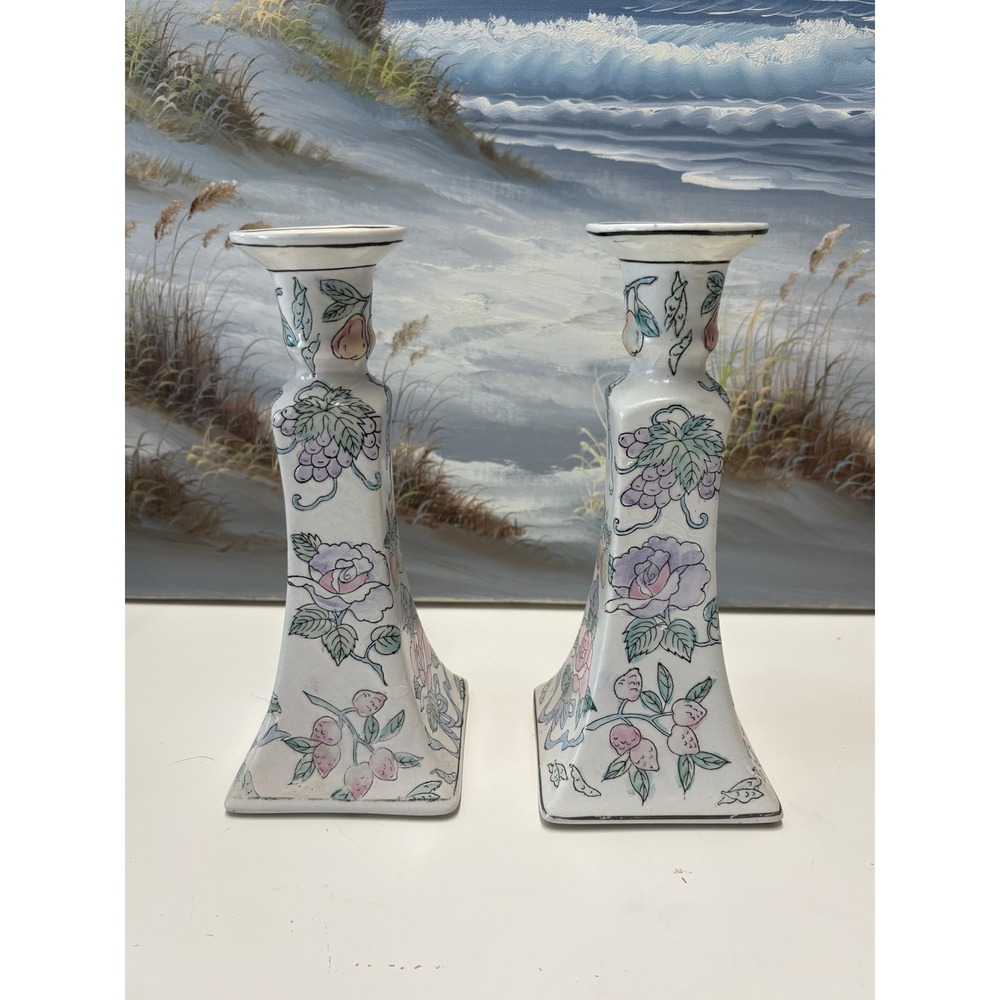 Vintage WBI Chinese Porcelain Candlestick Holders Floral Fruit Pair 8.5 Inch